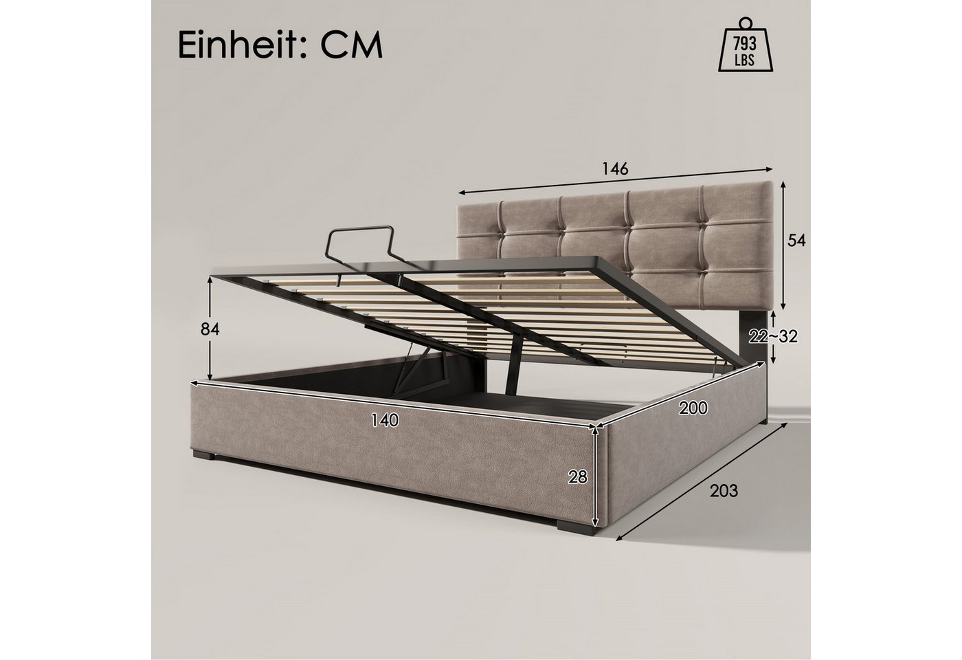 Flieks Polsterbett, Hydraulisches Doppelbett Kiefernholzbett 140x200cm Samt – Bild 3 von 5