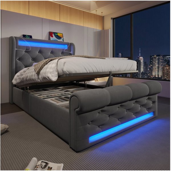 Flieks Polsterbett, Hydraulisches Stauraumbett 90x200cm mit LED Beleuchtung und USB/Typ-C