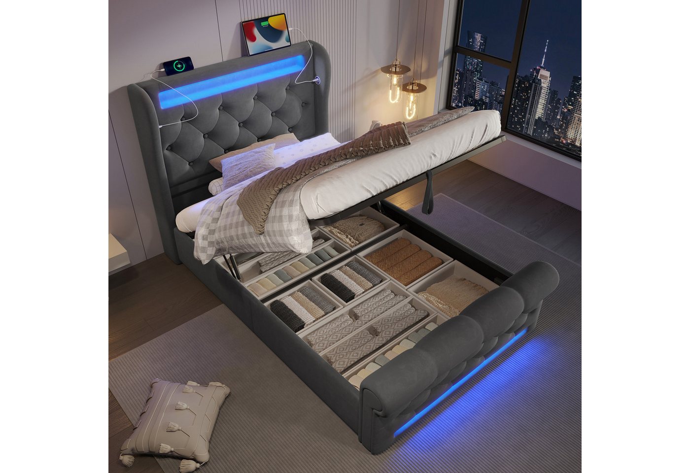 Flieks Polsterbett, Hydraulisches Stauraumbett 90x200cm mit LED Beleuchtung und USB/Typ-C – Bild 2 von 5