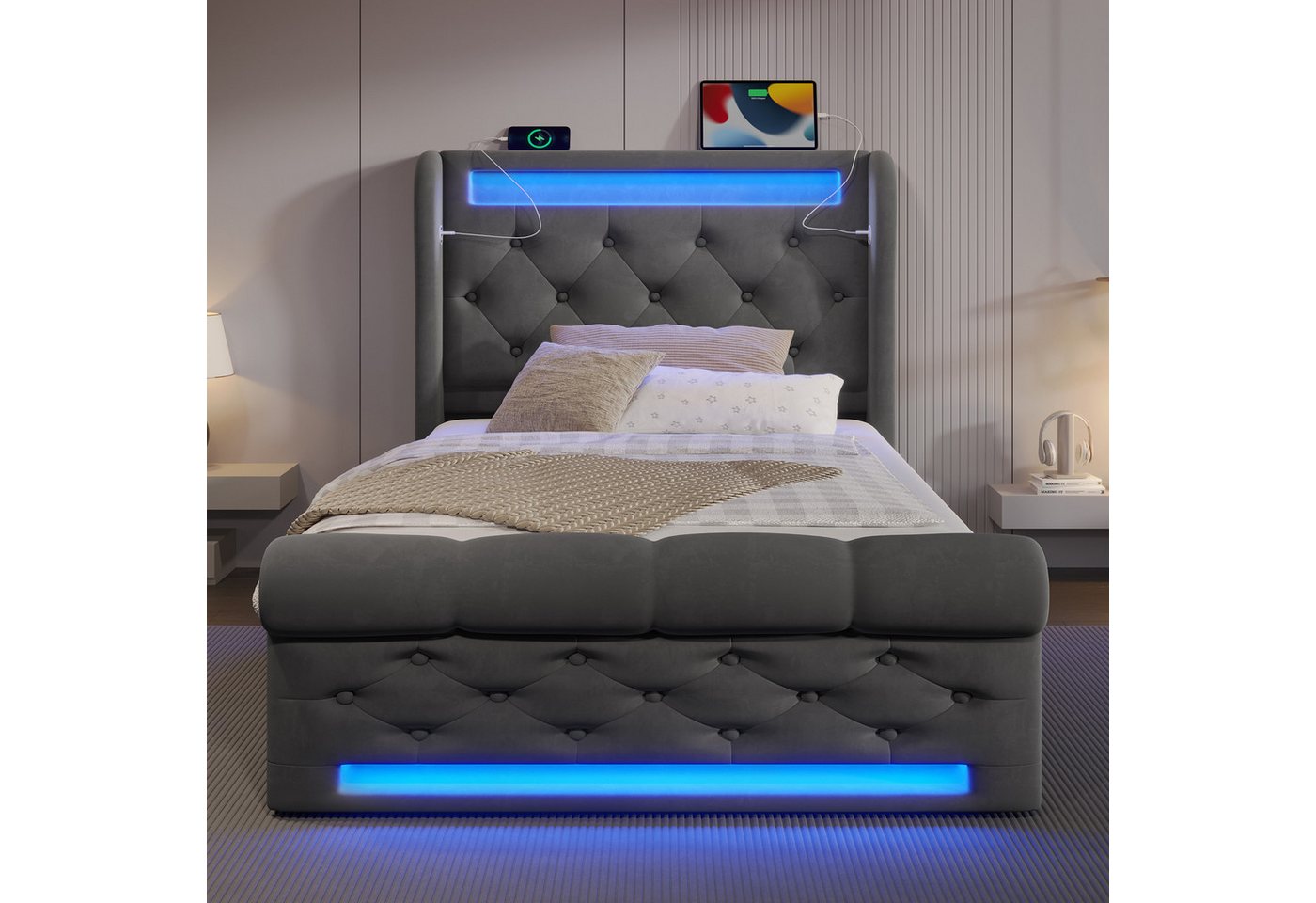 Flieks Polsterbett, Hydraulisches Stauraumbett 90x200cm mit LED Beleuchtung und USB/Typ-C – Bild 3 von 5