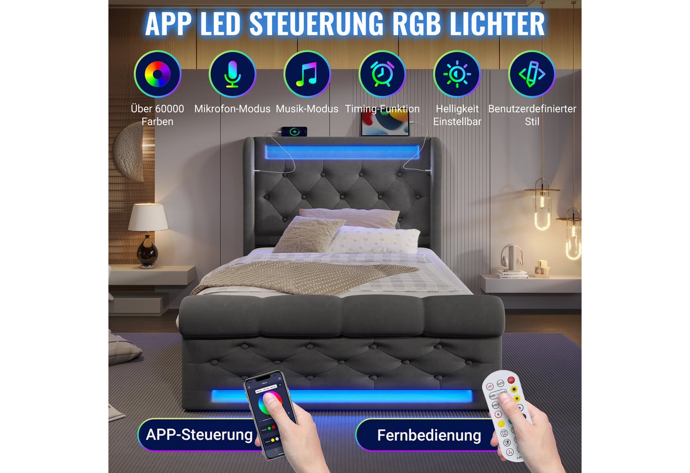 Flieks Polsterbett, Hydraulisches Stauraumbett 90x200cm mit LED Beleuchtung und USB/Typ-C – Bild 4 von 5