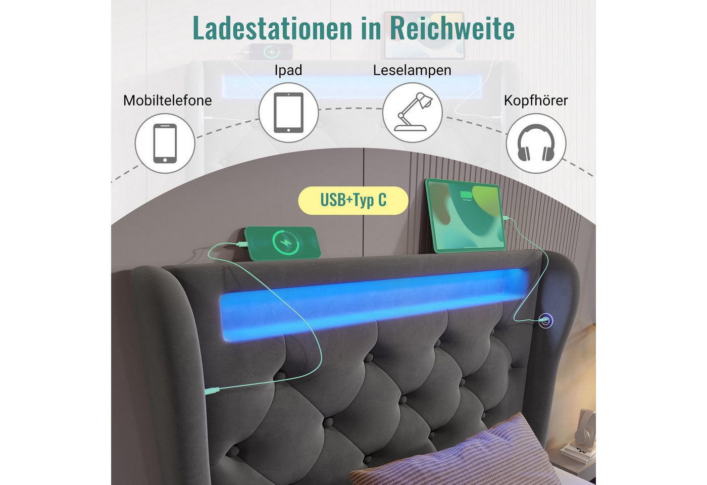Flieks Polsterbett, Hydraulisches Stauraumbett 90x200cm mit LED Beleuchtung und USB/Typ-C – Bild 5 von 5