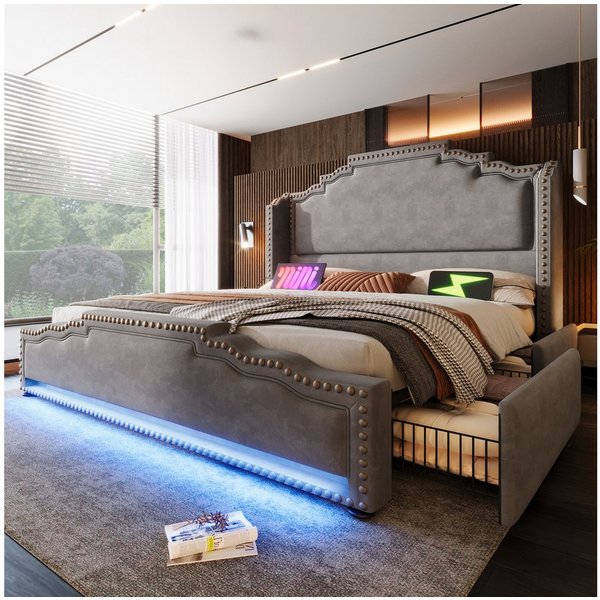 Flieks Polsterbett, Doppelbett 140x200cm mit LED-Beleuchtung 4 Schubladen und USB-Aufladen