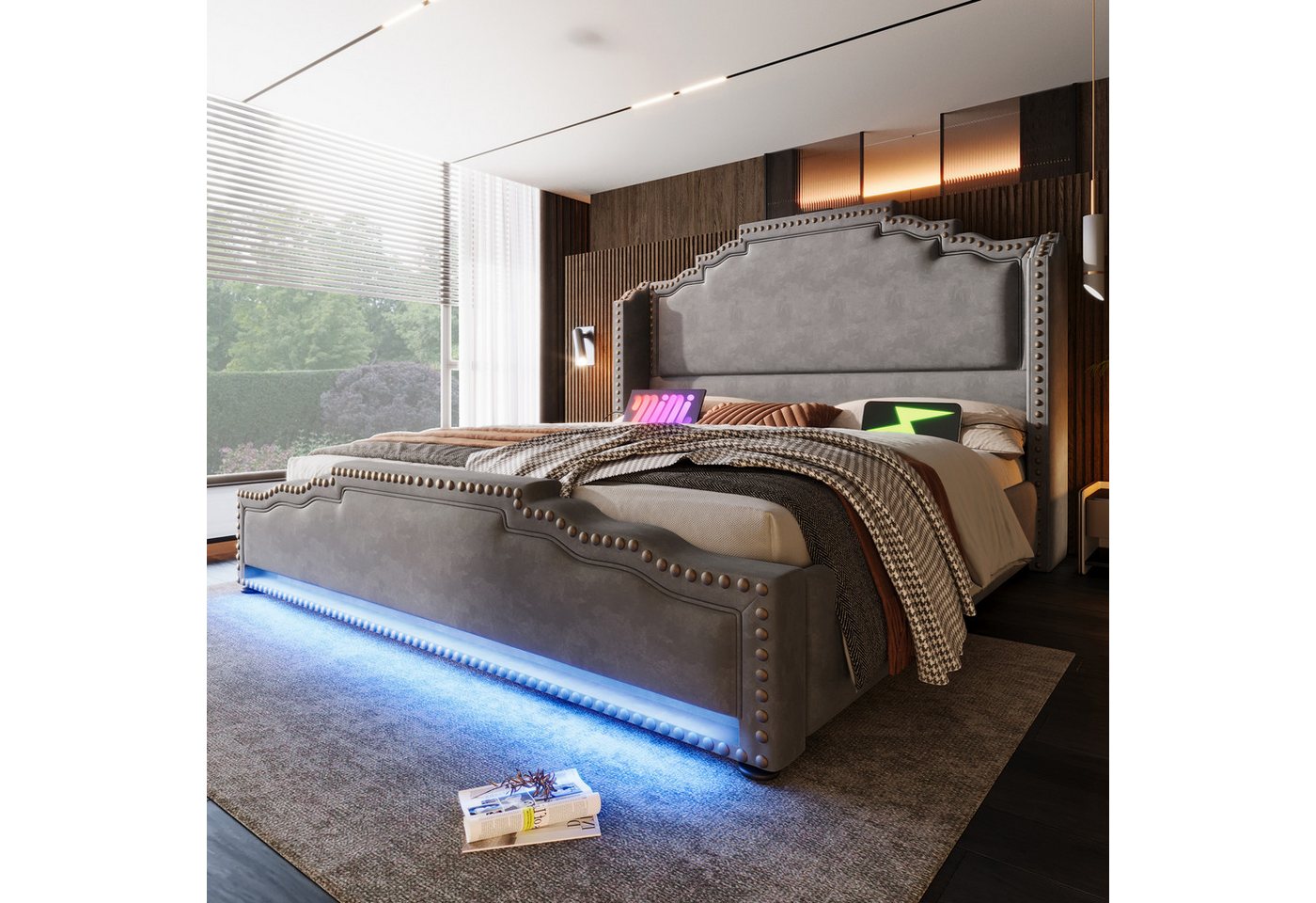 Flieks Polsterbett, Doppelbett 140x200cm mit LED-Beleuchtung 4 Schubladen und USB-Aufladen – Bild 2 von 5