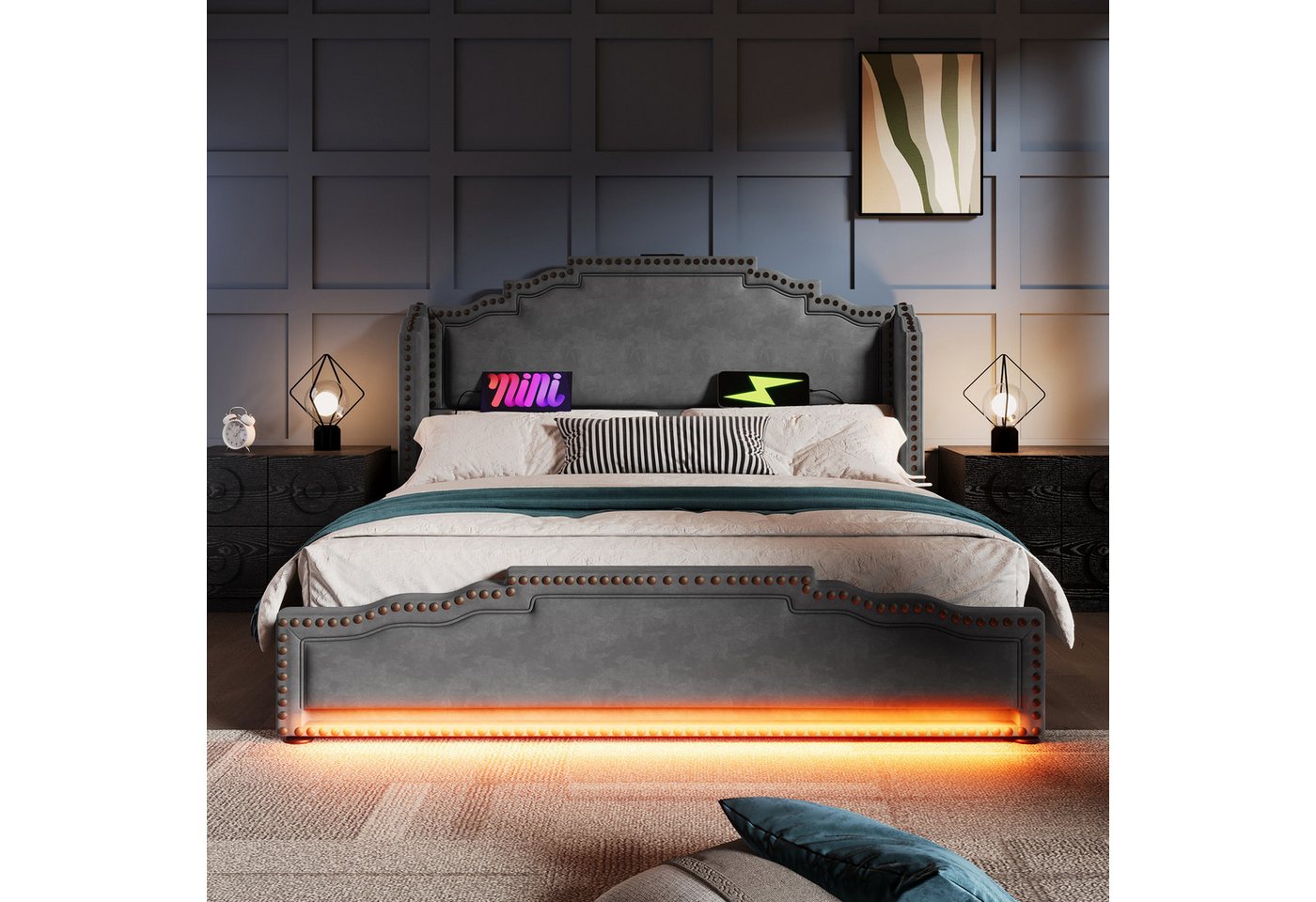 Flieks Polsterbett, Doppelbett 140x200cm mit LED-Beleuchtung 4 Schubladen und USB-Aufladen – Bild 3 von 5