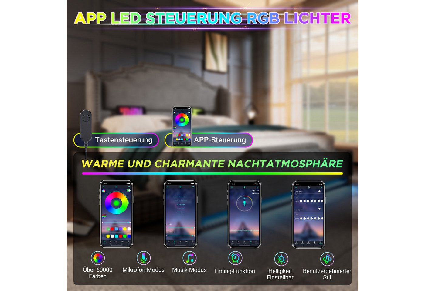 Flieks Polsterbett, Doppelbett 140x200cm mit LED-Beleuchtung 4 Schubladen und USB-Aufladen – Bild 4 von 5