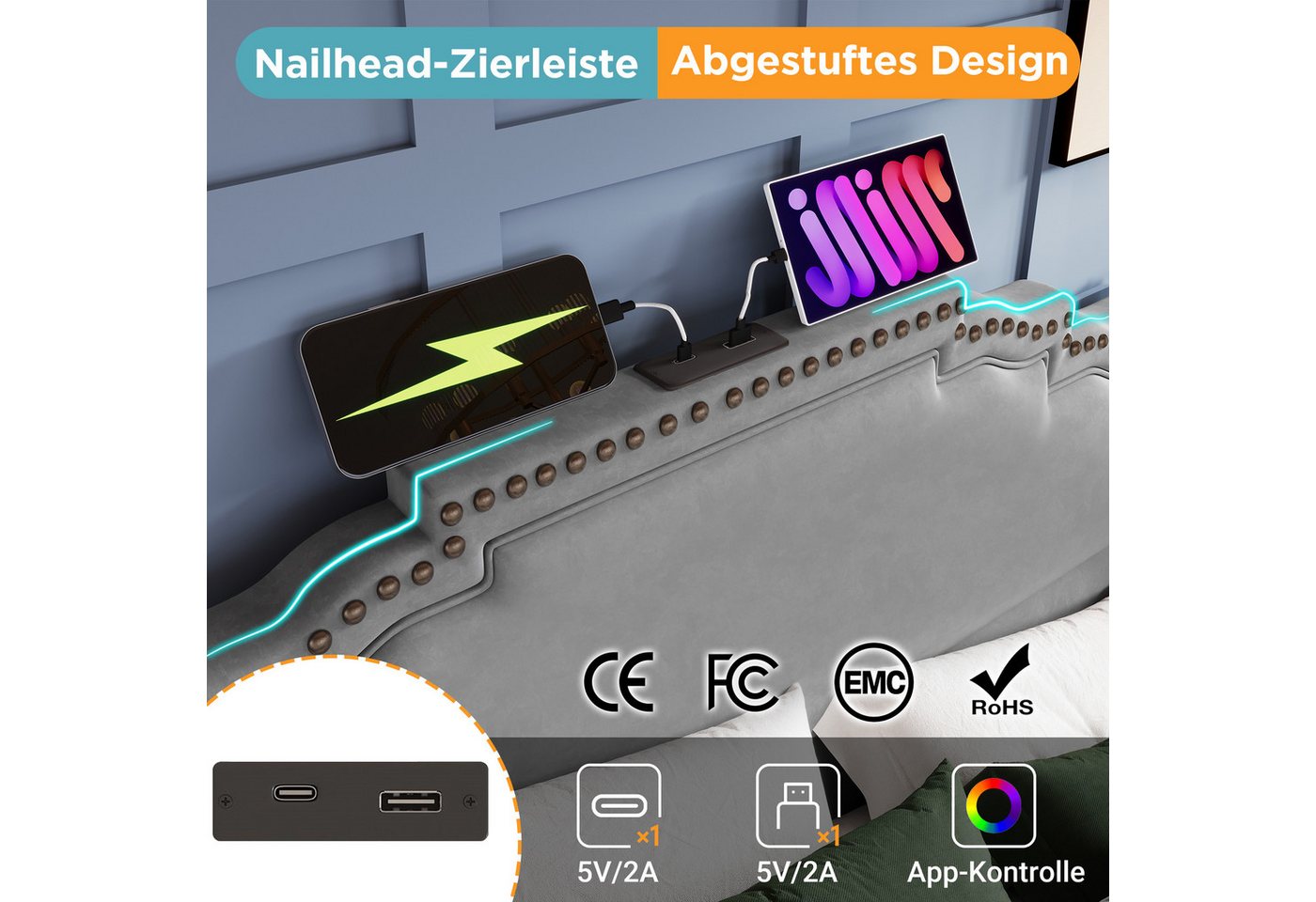 Flieks Polsterbett, Doppelbett 140x200cm mit LED-Beleuchtung 4 Schubladen und USB-Aufladen – Bild 5 von 5