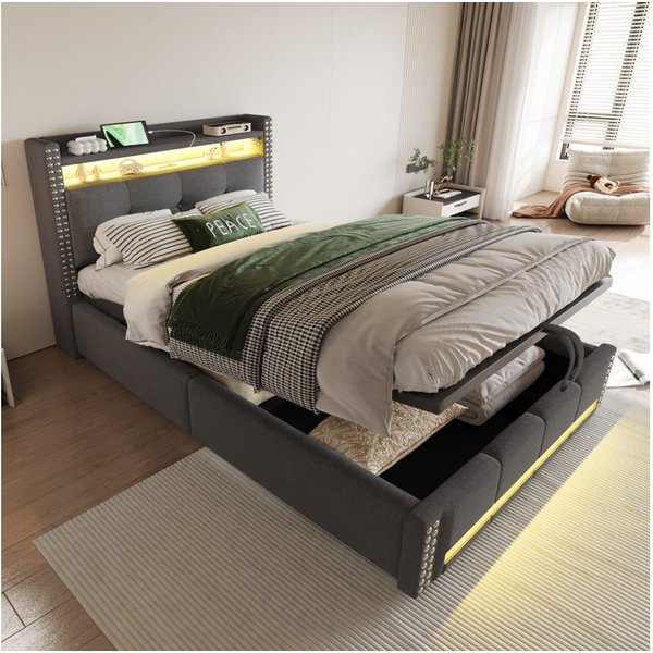 Flieks Polsterbett, LED Hydraulisches Stauraumbett Einzelbett 90x200cm mit USB-Aufladen