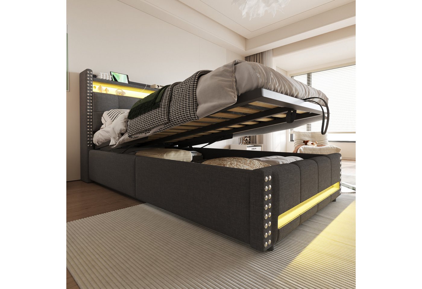 Flieks Polsterbett, LED Hydraulisches Stauraumbett Einzelbett 90x200cm mit USB-Aufladen – Bild 2 von 5
