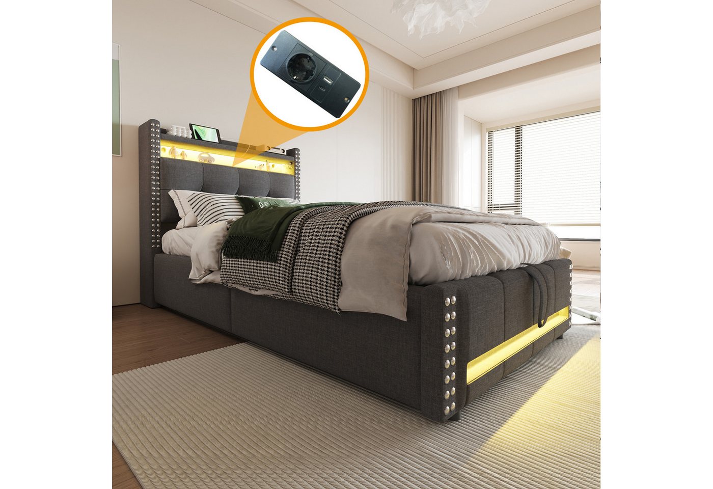 Flieks Polsterbett, LED Hydraulisches Stauraumbett Einzelbett 90x200cm mit USB-Aufladen – Bild 3 von 5