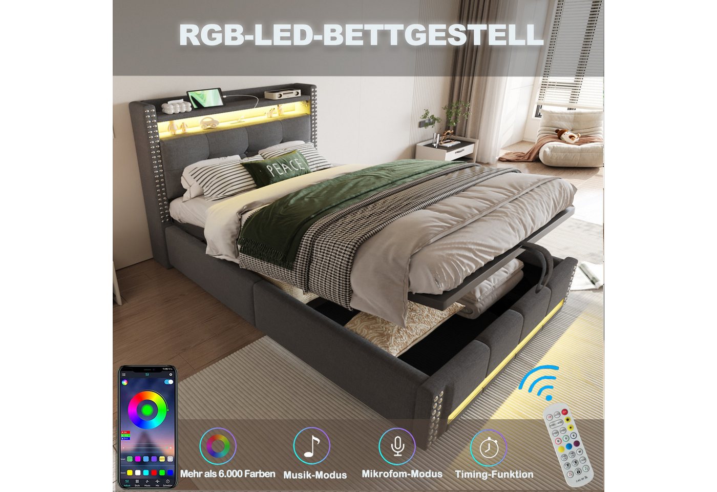 Flieks Polsterbett, LED Hydraulisches Stauraumbett Einzelbett 90x200cm mit USB-Aufladen – Bild 4 von 5