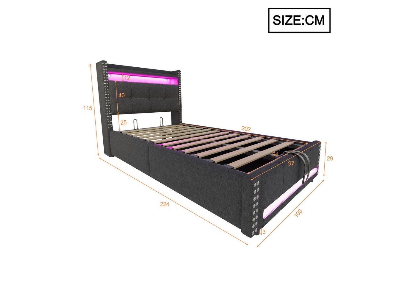 Flieks Polsterbett, LED Hydraulisches Stauraumbett Einzelbett 90x200cm mit USB-Aufladen – Bild 5 von 5