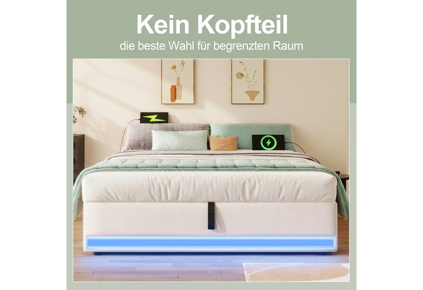 Flieks Polsterbett, Hydraulisches Stauraumbett 140x200cm mit LED & USB/Typ-C ohne Kopfteil – Bild 3 von 5