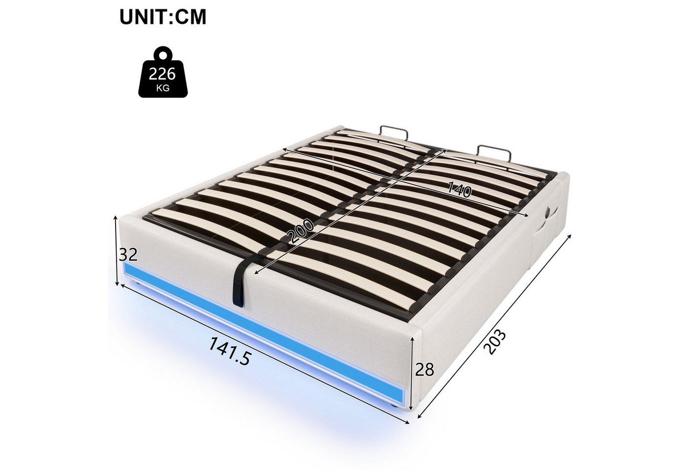 Flieks Polsterbett, Hydraulisches Stauraumbett 140x200cm mit LED & USB/Typ-C ohne Kopfteil – Bild 5 von 5