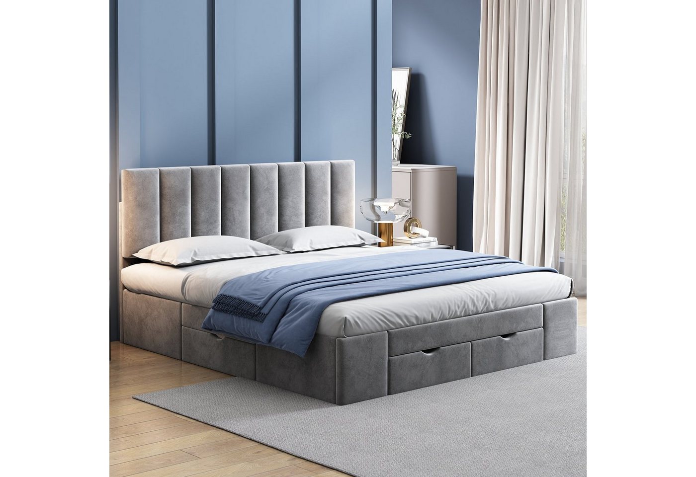 Flieks Polsterbett, Doppelbett Holzbett mit 4 Schubladen Samt 160x200cm – Bild 3 von 5