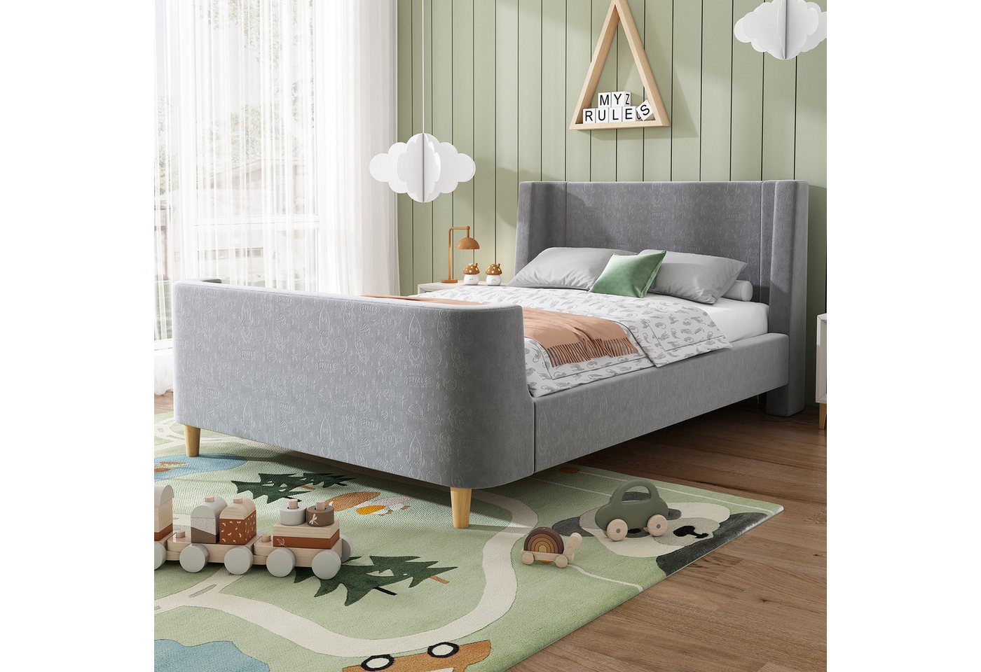 Flieks Polsterbett, Kinderbett Einzelbett 90x200cm mit kosmischem Muster Samt – Bild 2 von 5
