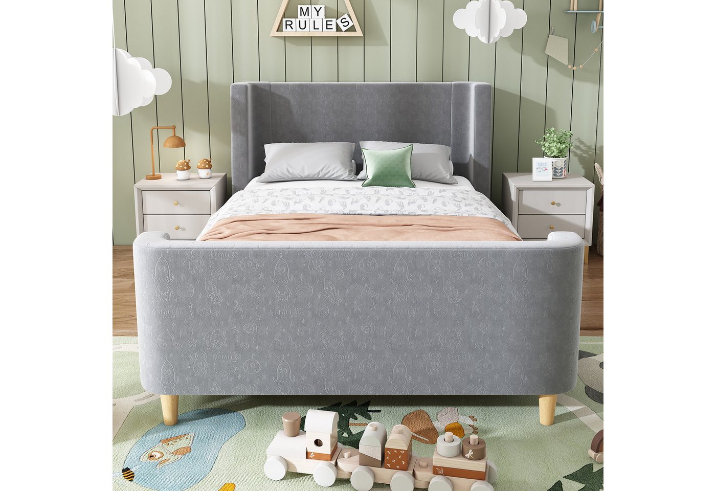 Flieks Polsterbett, Kinderbett Einzelbett 90x200cm mit kosmischem Muster Samt – Bild 3 von 5
