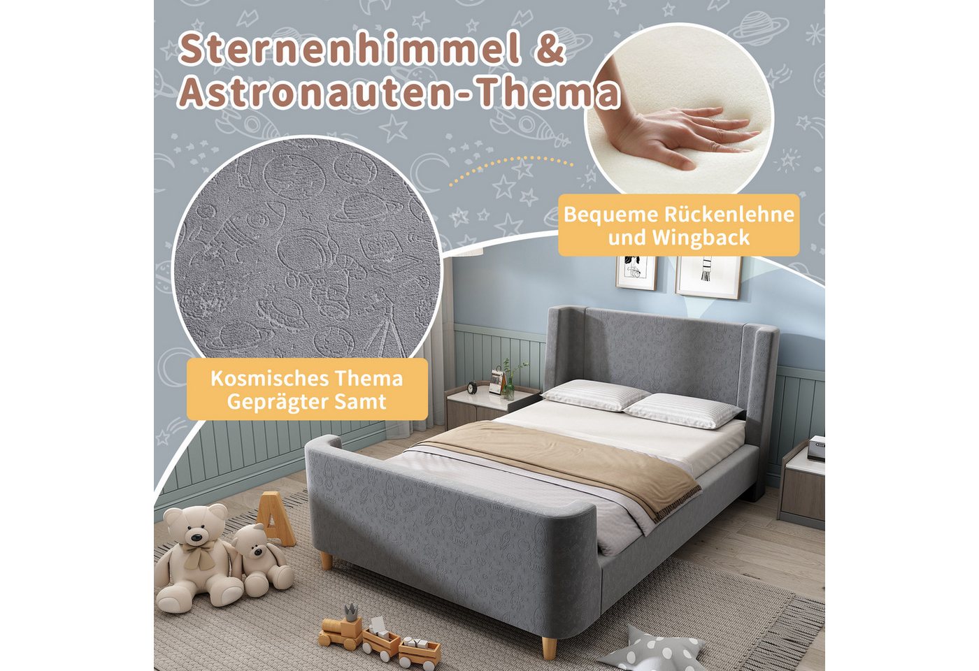 Flieks Polsterbett, Kinderbett Einzelbett 90x200cm mit kosmischem Muster Samt – Bild 4 von 5