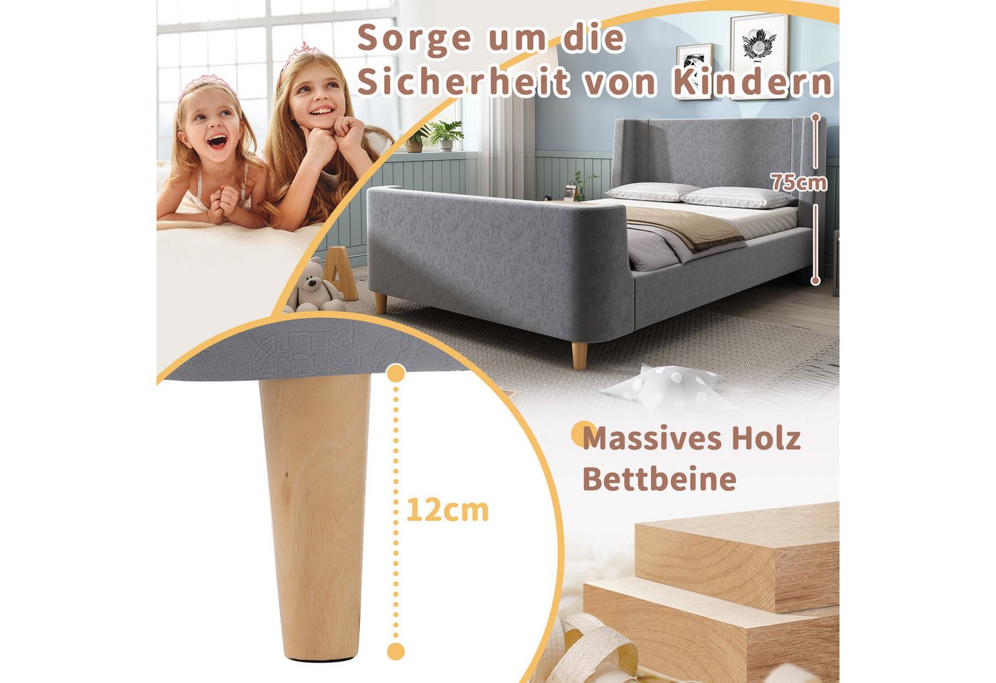 Flieks Polsterbett, Kinderbett Einzelbett 90x200cm mit kosmischem Muster Samt – Bild 5 von 5