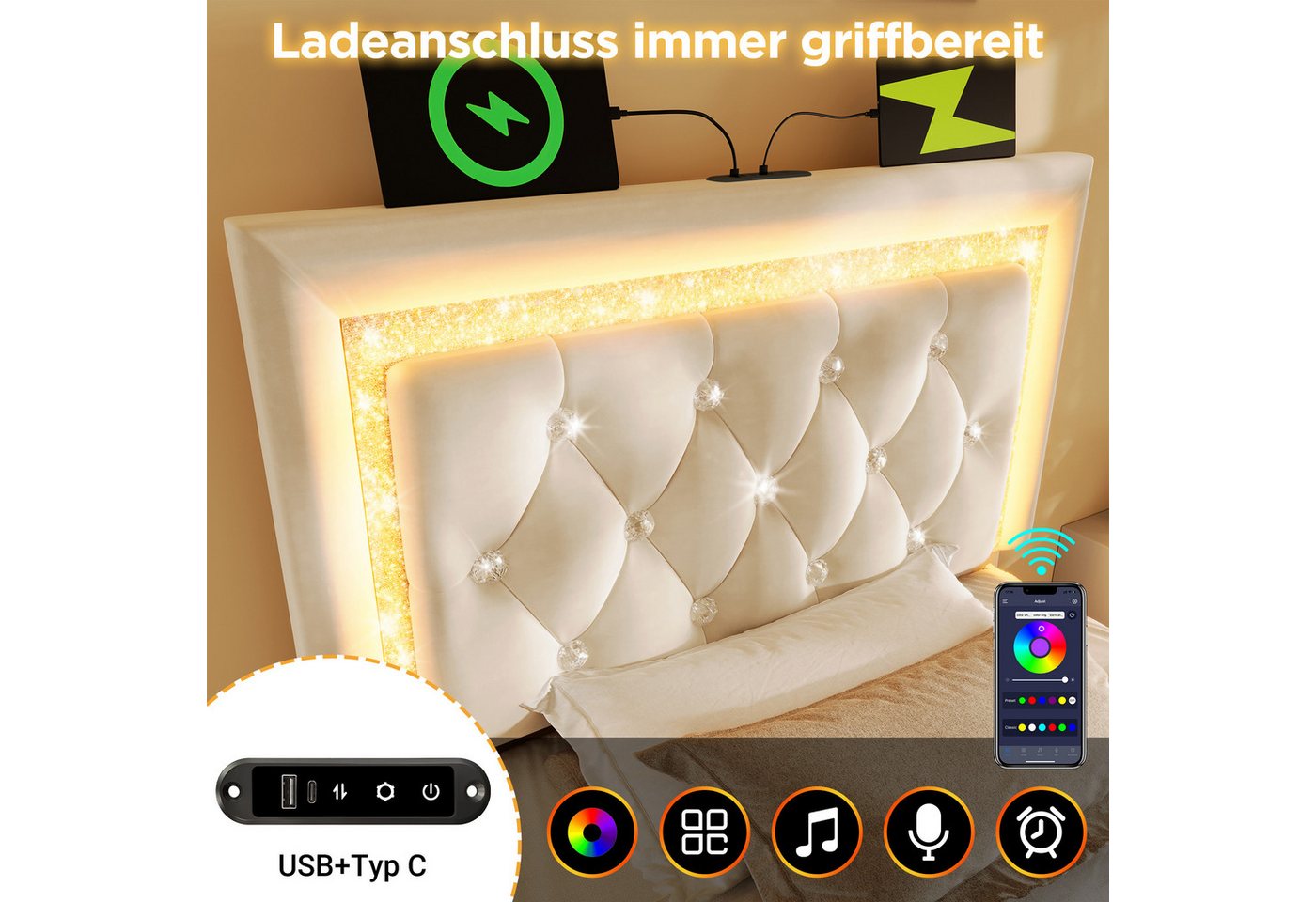 Flieks Polsterbett, Hydraulisches Stauraumbett 90x200cm mit LED-Diamantband & Ladestation – Bild 5 von 5