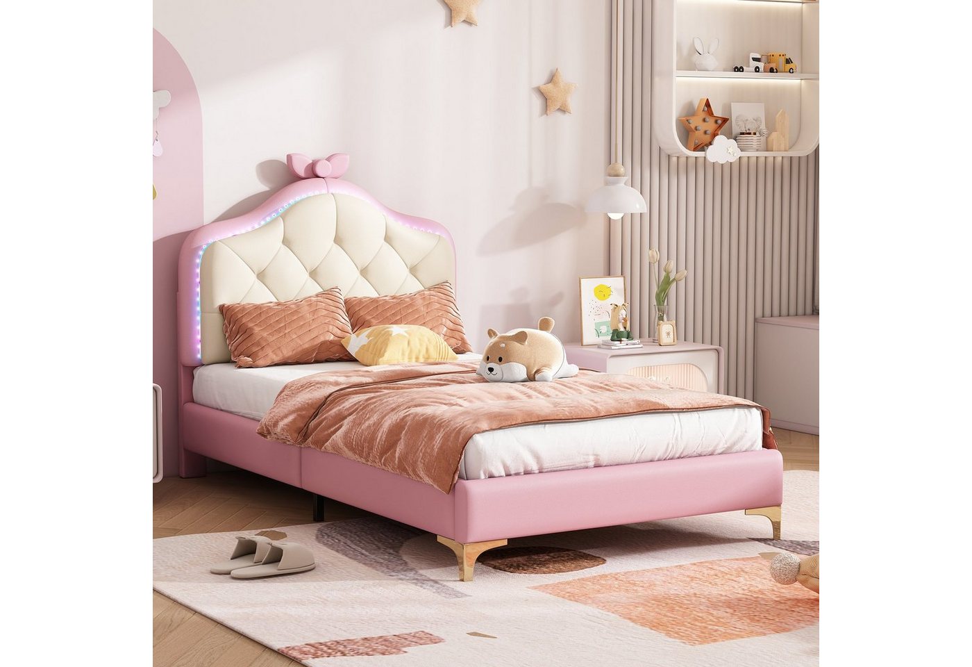 Flieks Polsterbett, LED Beleuchtung Kinderbett Einzelbett Schleife am Kopfteil 90x200cm – Bild 2 von 5