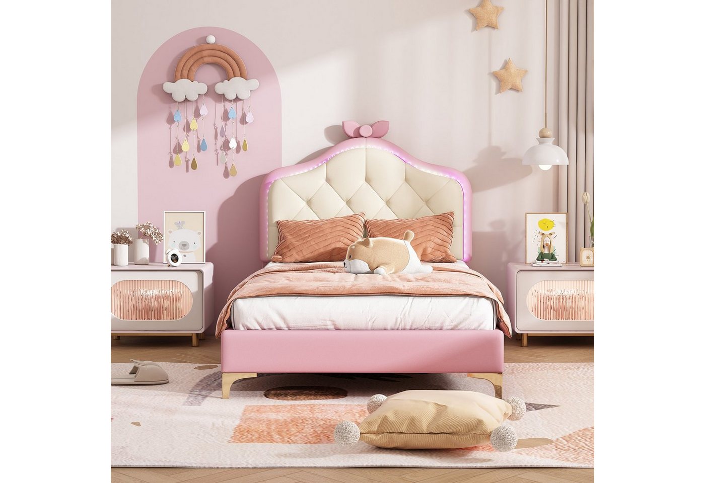 Flieks Polsterbett, LED Beleuchtung Kinderbett Einzelbett Schleife am Kopfteil 90x200cm – Bild 3 von 5