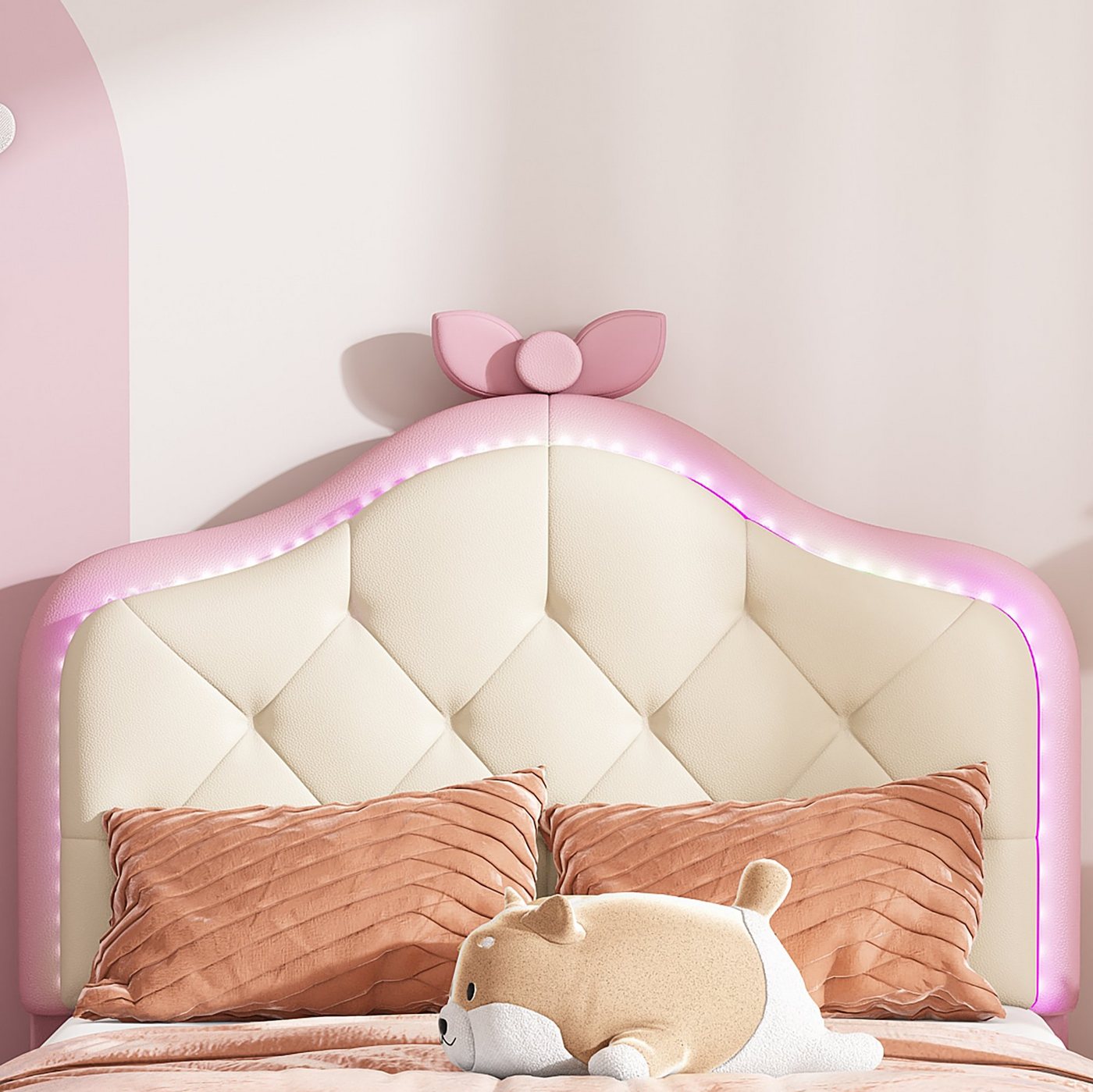 Flieks Polsterbett, LED Beleuchtung Kinderbett Einzelbett Schleife am Kopfteil 90x200cm – Bild 5 von 5