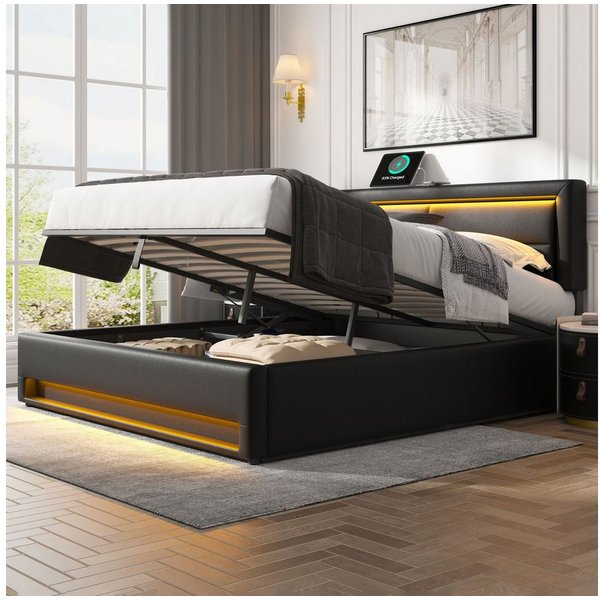 Flieks Polsterbett, LED Doppelbett 140x190cm mit USB-Anschluss und hydraulischem Stauraum
