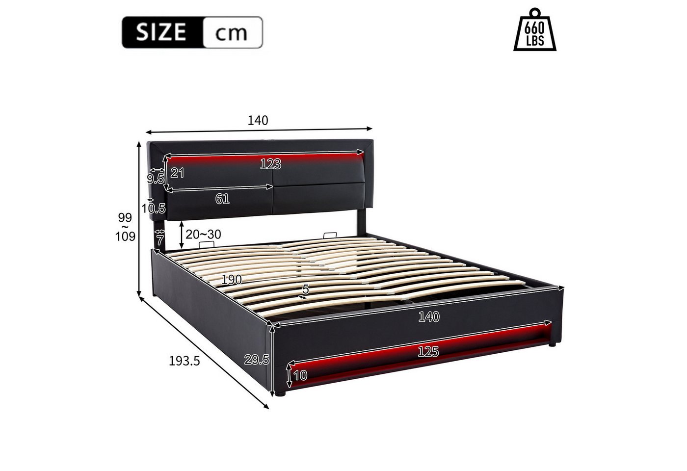 Flieks Polsterbett, LED Doppelbett 140x190cm mit USB-Anschluss und hydraulischem Stauraum – Bild 4 von 5