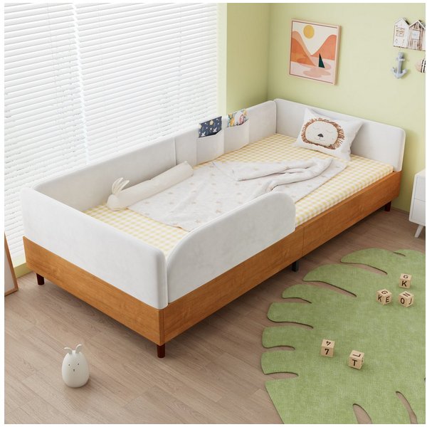 Flieks Polsterbett, Kinderbett Einzelbett 90x200cm Samt & Holz Design mit 2 Stautaschen