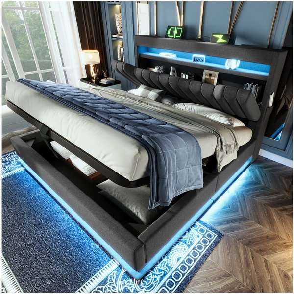 Flieks Polsterbett, hydraulisches Stauraumbett 180x200cm mit LED und Ladefunktion