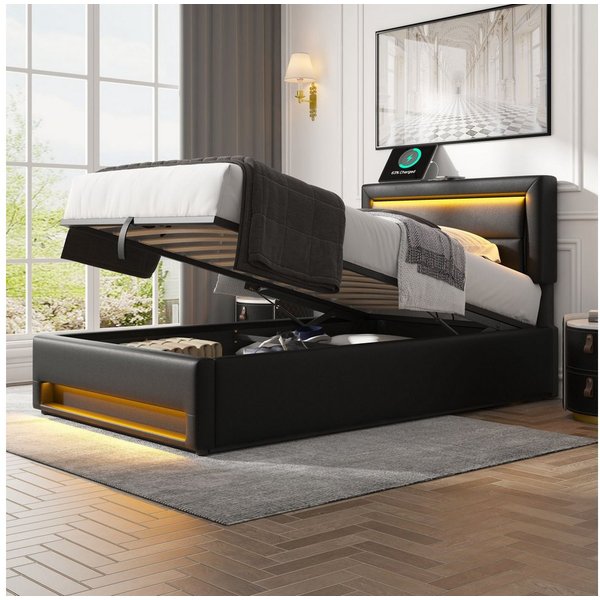 Flieks Polsterbett, LED Einzelbett 90x190cm mit USB-Anschluss und hydraulischem Stauraum