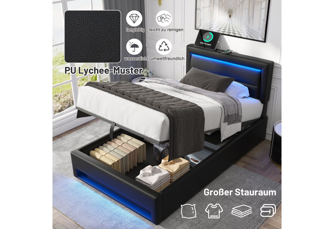 Flieks Polsterbett, LED Einzelbett 90x190cm mit USB-Anschluss und hydraulischem Stauraum – Bild 3 von 5