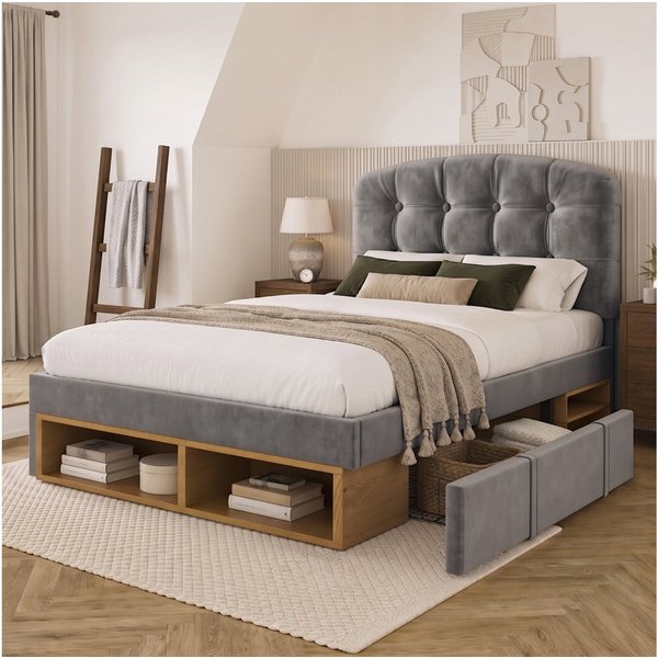 Flieks Polsterbett, Einzelbett 90x200cm mit höhenverstellbarem Kopfteil und 2 Schubladen