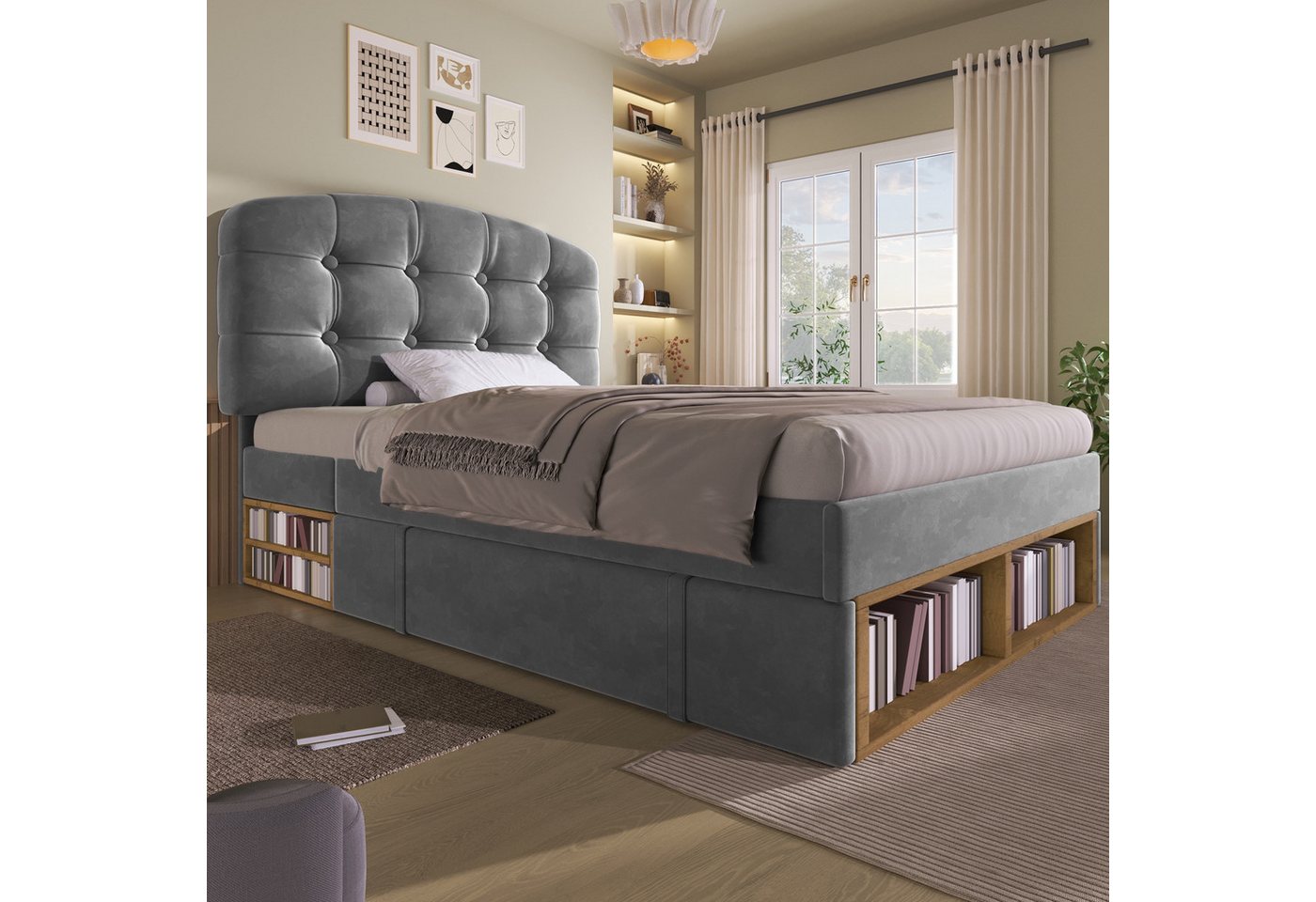 Flieks Polsterbett, Einzelbett 90x200cm mit höhenverstellbarem Kopfteil und 2 Schubladen – Bild 2 von 5