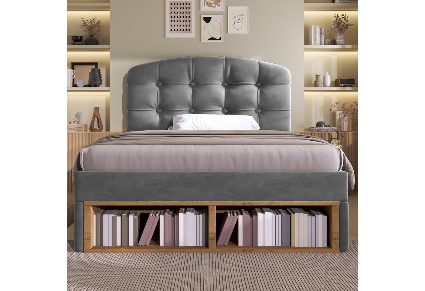 Flieks Polsterbett, Einzelbett 90x200cm mit höhenverstellbarem Kopfteil und 2 Schubladen – Bild 3 von 5