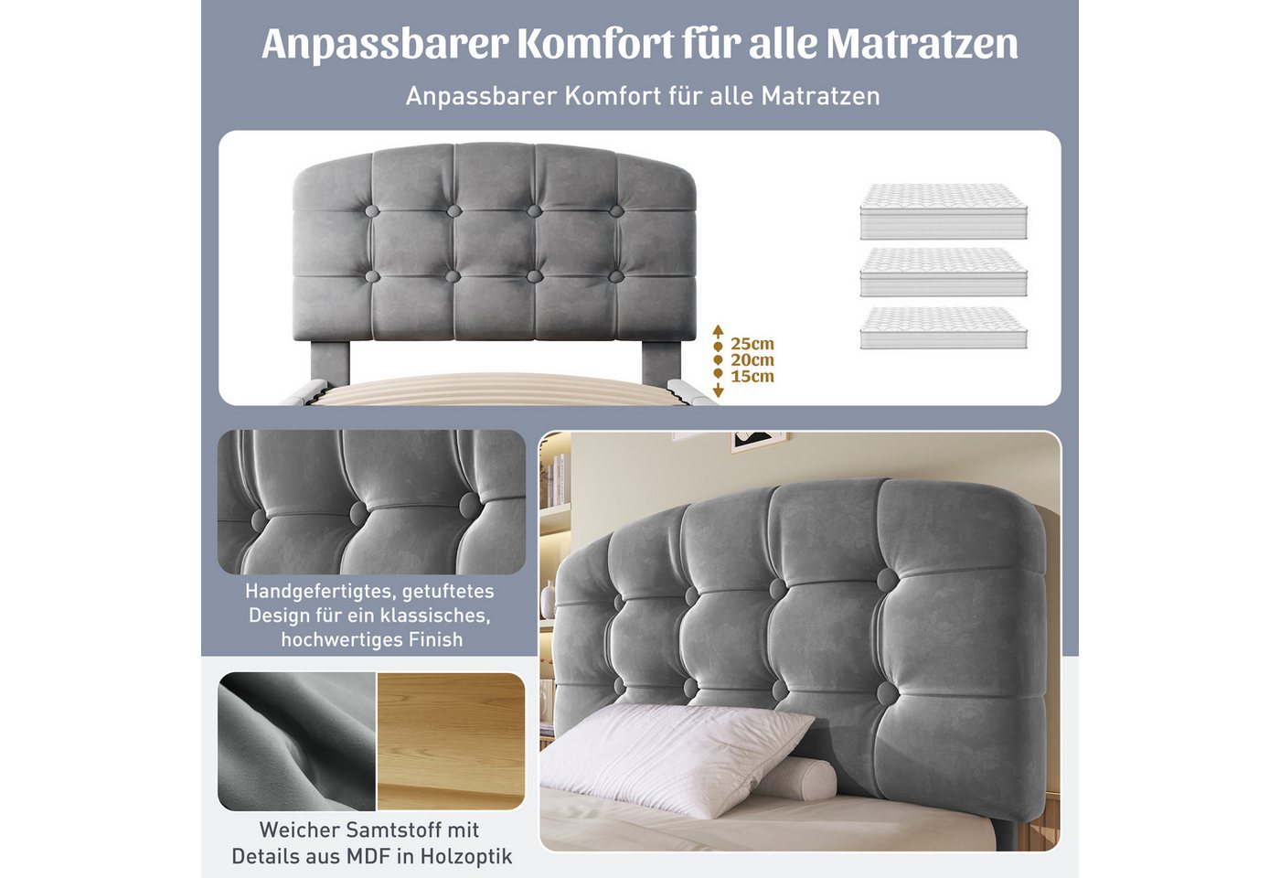 Flieks Polsterbett, Einzelbett 90x200cm mit höhenverstellbarem Kopfteil und 2 Schubladen – Bild 4 von 5