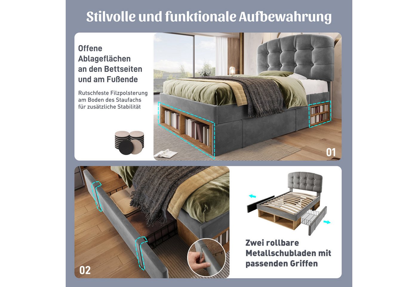 Flieks Polsterbett, Einzelbett 90x200cm mit höhenverstellbarem Kopfteil und 2 Schubladen – Bild 5 von 5