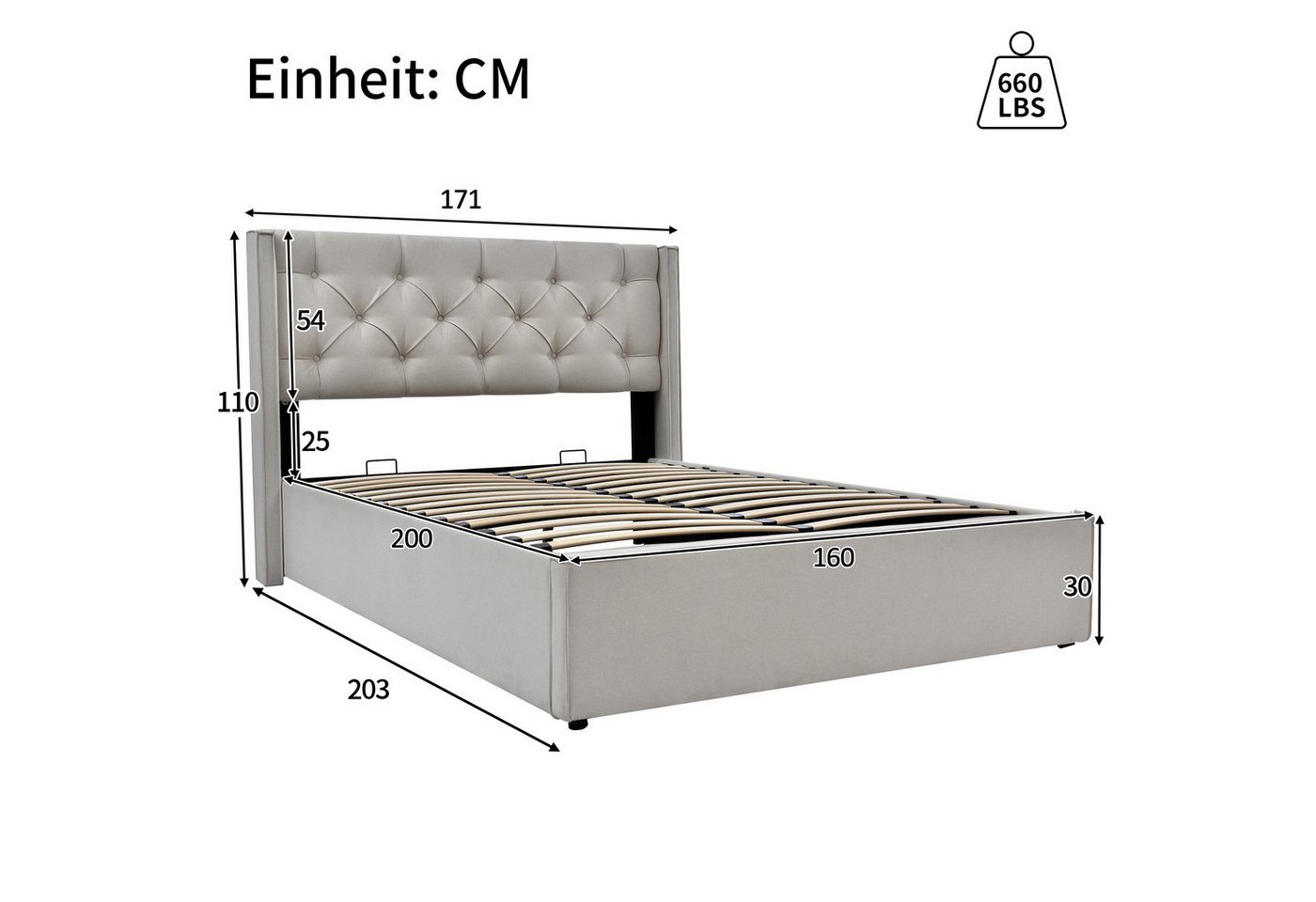 Flieks Polsterbett, Hydraulisches Doppelbett Stauraumbett Baumwolle 160x200cm – Bild 3 von 5
