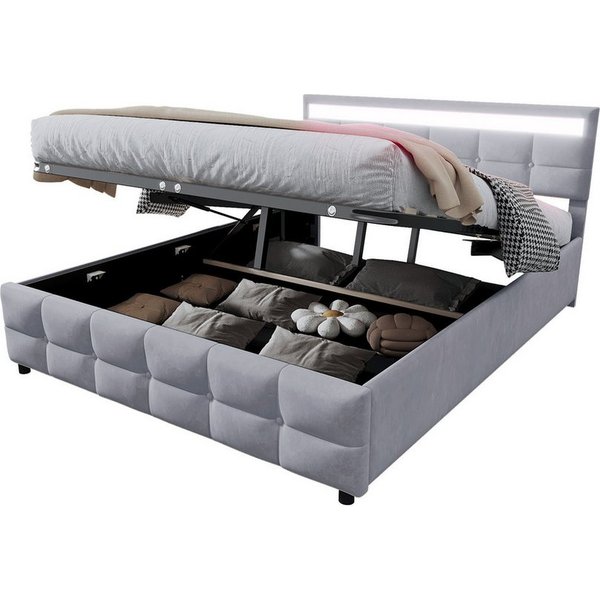 Flieks Polsterbett, Hydraulisches Stauraumbett Doppelbett 180x200cm mit LED-Beleuchtung