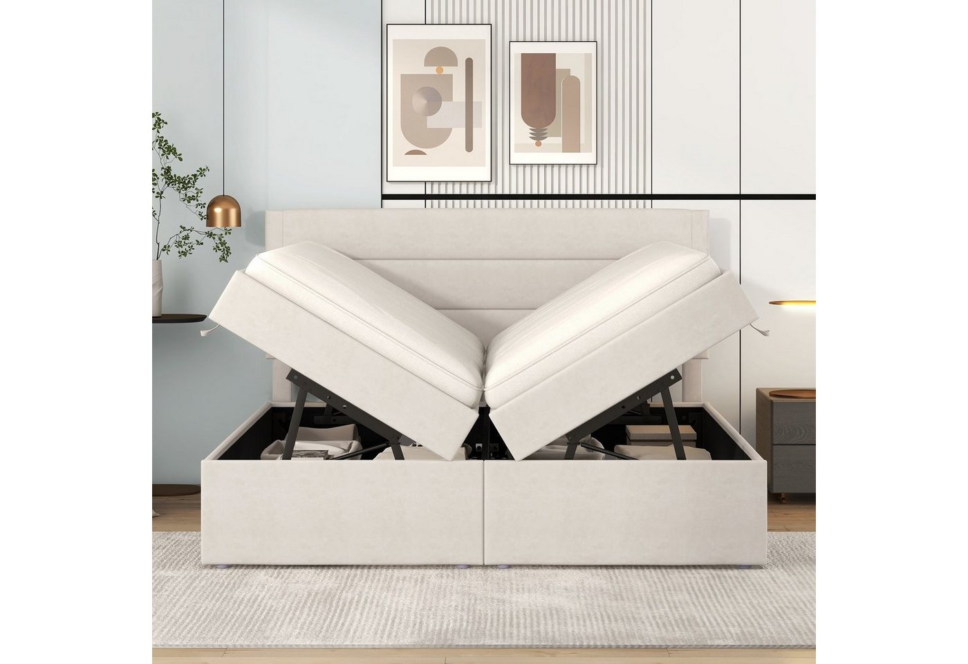 Flieks Polsterbett, Boxbett Doppelbett mit Stauraum Leinen 140x200cm – Bild 2 von 5
