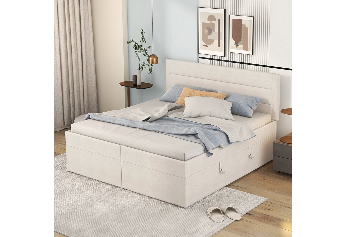 Flieks Polsterbett, Boxbett Doppelbett mit Stauraum Leinen 140x200cm – Bild 3 von 5
