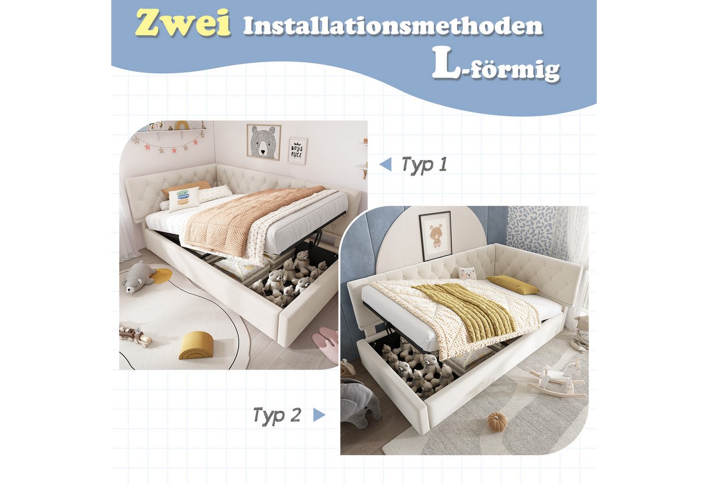 Flieks Polsterbett, Kinderbett Daybett 90x200cm Schlafsofa mit hydraulischem Stauraum – Bild 4 von 5