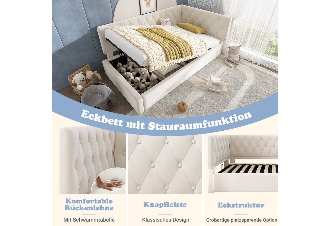 Flieks Polsterbett, Kinderbett Daybett 90x200cm Schlafsofa mit hydraulischem Stauraum – Bild 5 von 5