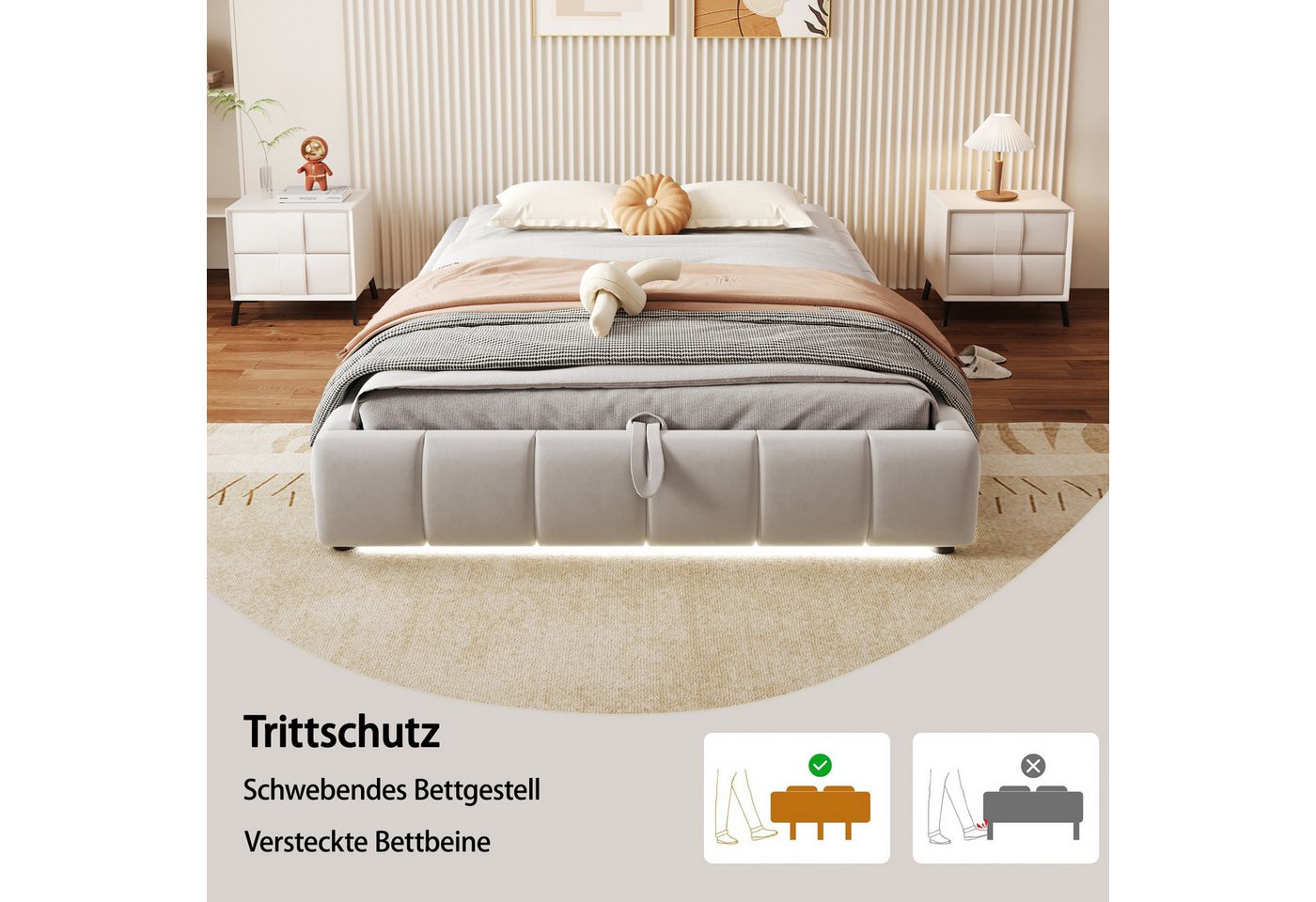 Flieks Polsterbett, Hydraulisches Stauraumbett 140x200cm ohne Kopfteil mit LED-Lichtleiste – Bild 5 von 5