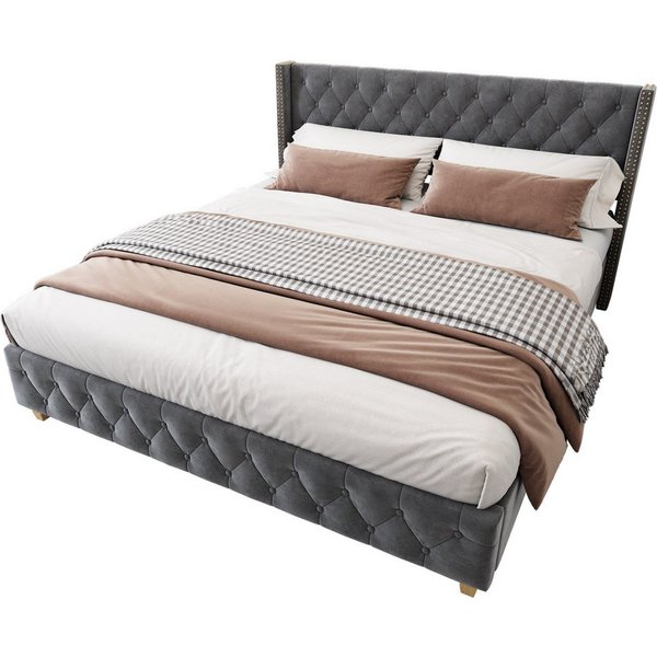 Flieks Polsterbett, Massivholz Doppelbett 160x200cm mit Lattenrost und Polster-Kopfteil