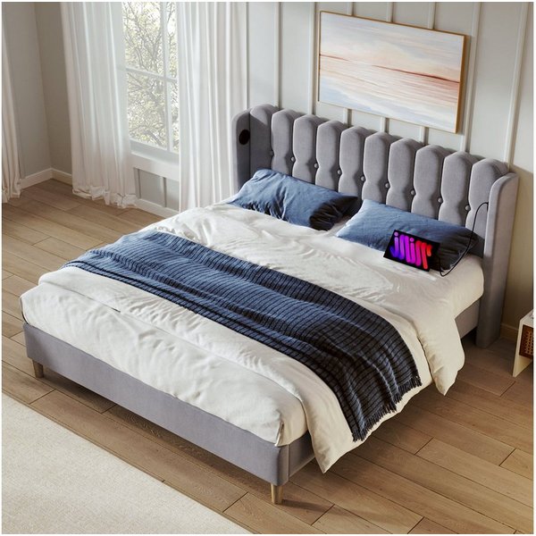 Flieks Polsterbett, Holzbett Doppelbett mit USB/Typ-C Ladeanschlüsse 180x200cm grau Leinen