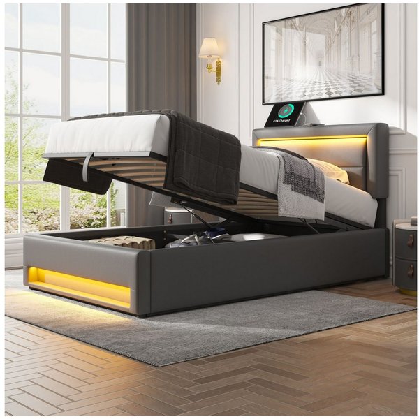 Flieks Polsterbett, LED Einzelbett 90x190cm mit USB-Anschluss und hydraulischem Stauraum