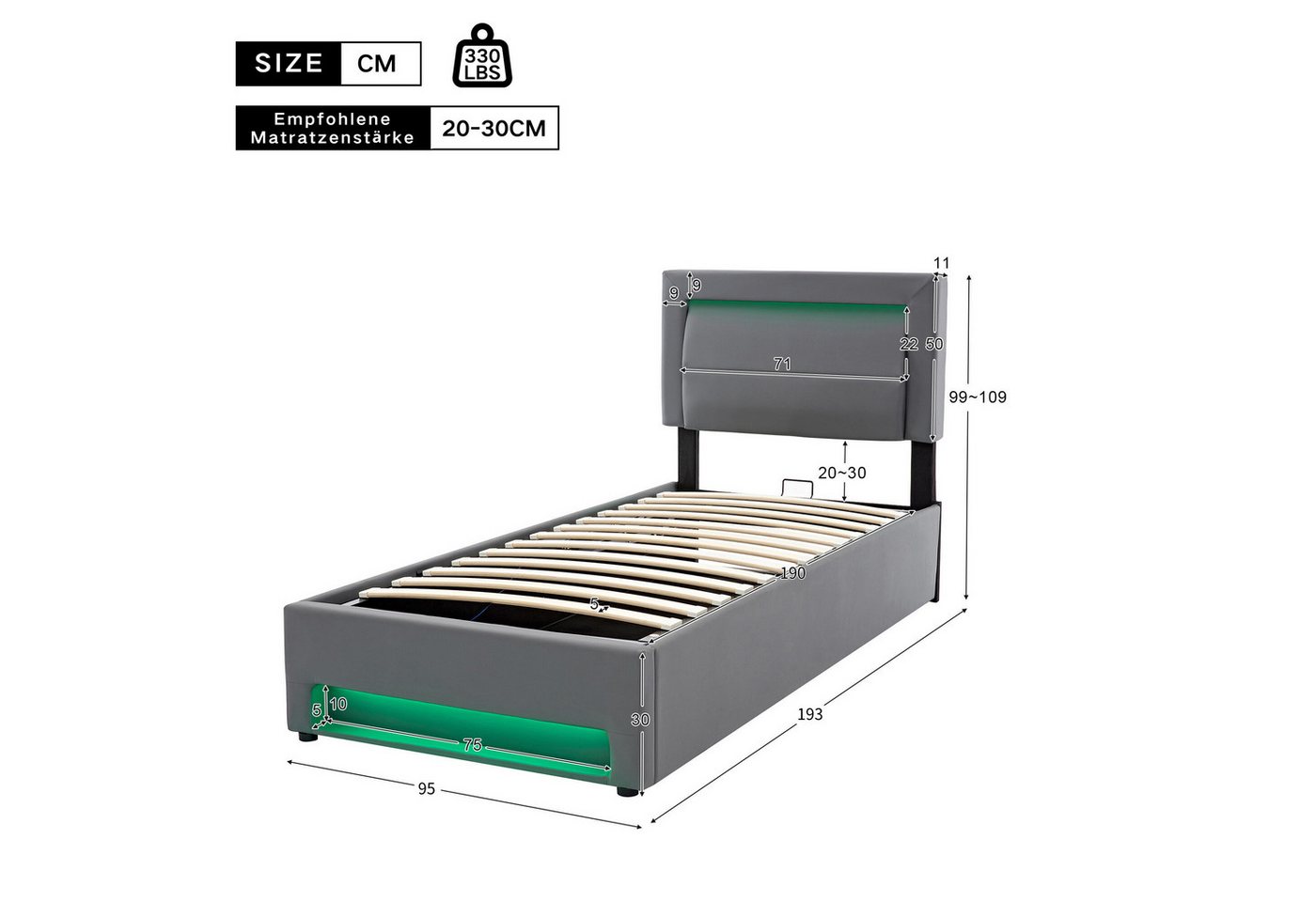 Flieks Polsterbett, LED Einzelbett 90x190cm mit USB-Anschluss und hydraulischem Stauraum – Bild 4 von 5