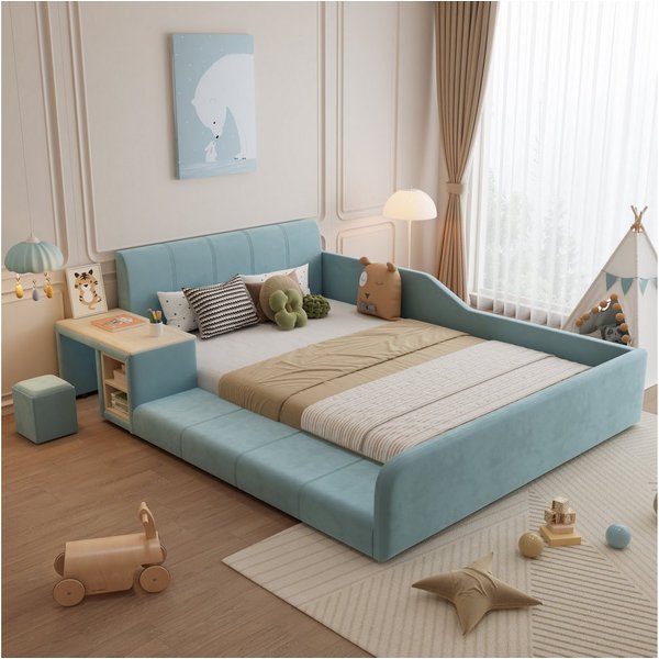 Flieks Polsterbett, Kinderbett 140x200cm mit Schreibtisch und Hocker mit Rausfallschutz
